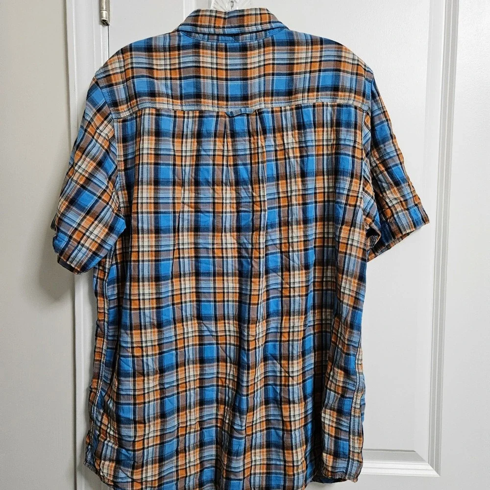 The North Face Shirt Mens Lg Blue Orange Plaid Short Sleeve Button Up Gauzy